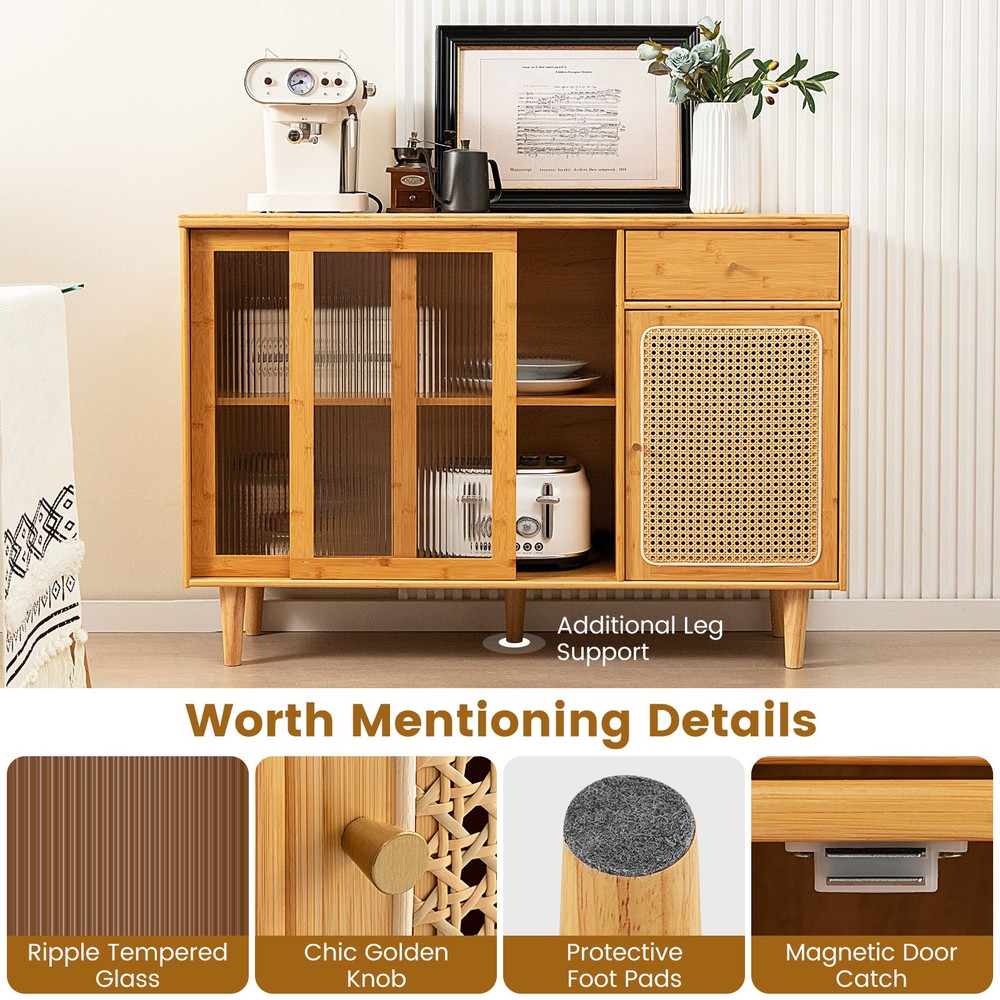 Buffet Sideboard Cabinet Rattan Console Table with Sliding Doors Storage Drawer