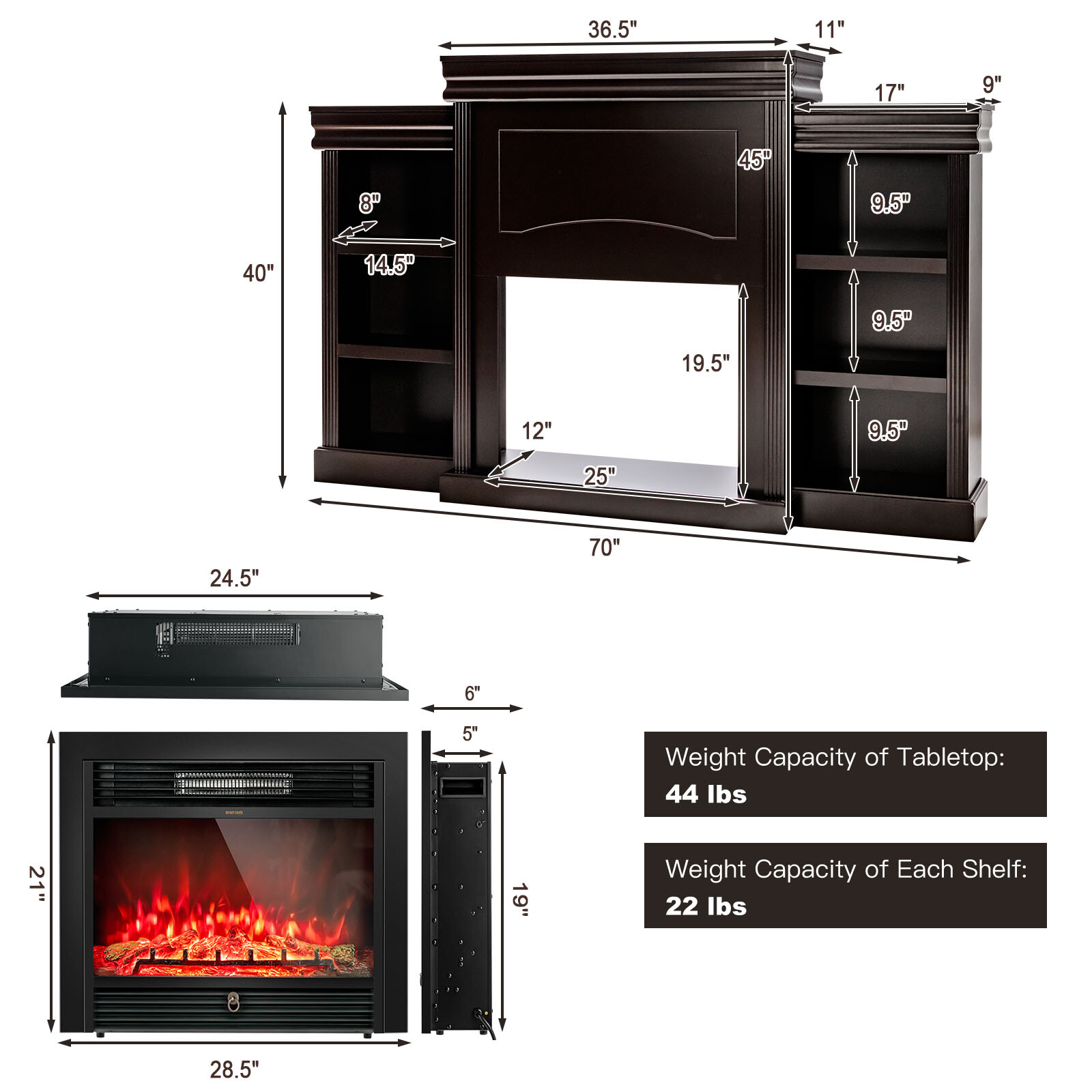 70"Fireplace TV Stand Media W/ 28.5" 750W/1500W Electric Fireplace Brown