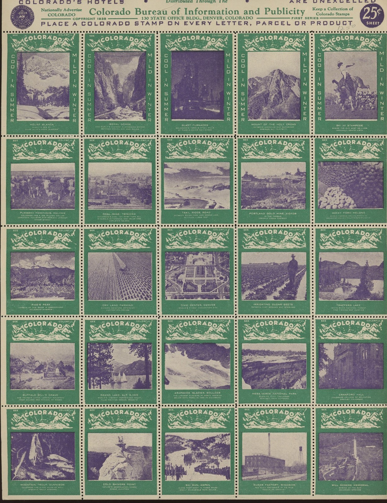 1938 Colorado Cool in Summer Mild in Winter Poster Stamp Sheet of 25