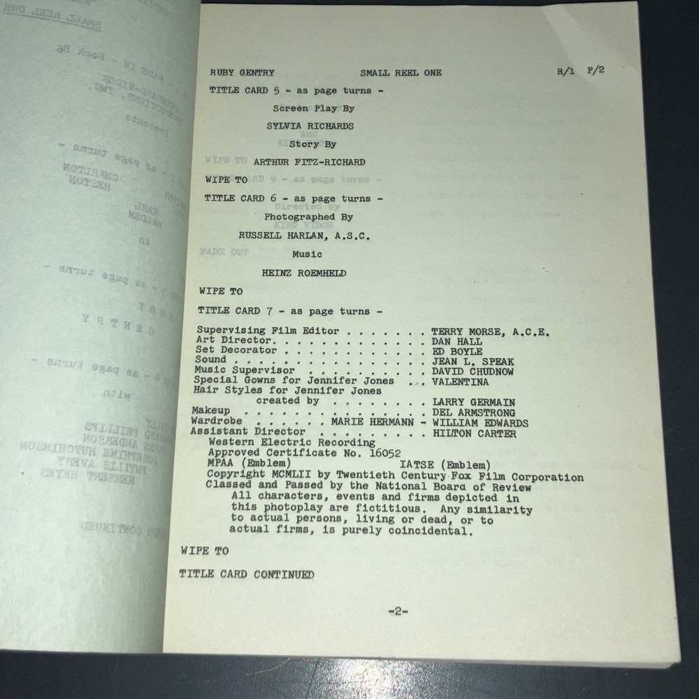 RUBY GENTRY (c1952) Heston/Jones - Scarce Moviola Continuity / SELZNICK +COA!