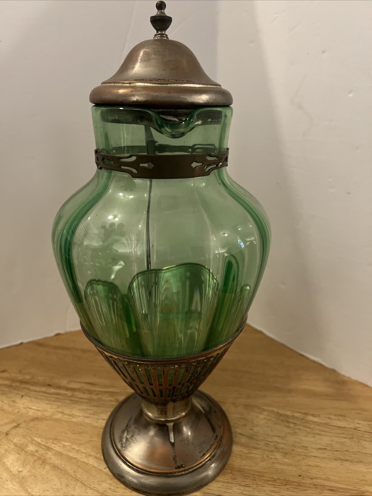 Cresent silver triple plate silver & Green glass pitcher.