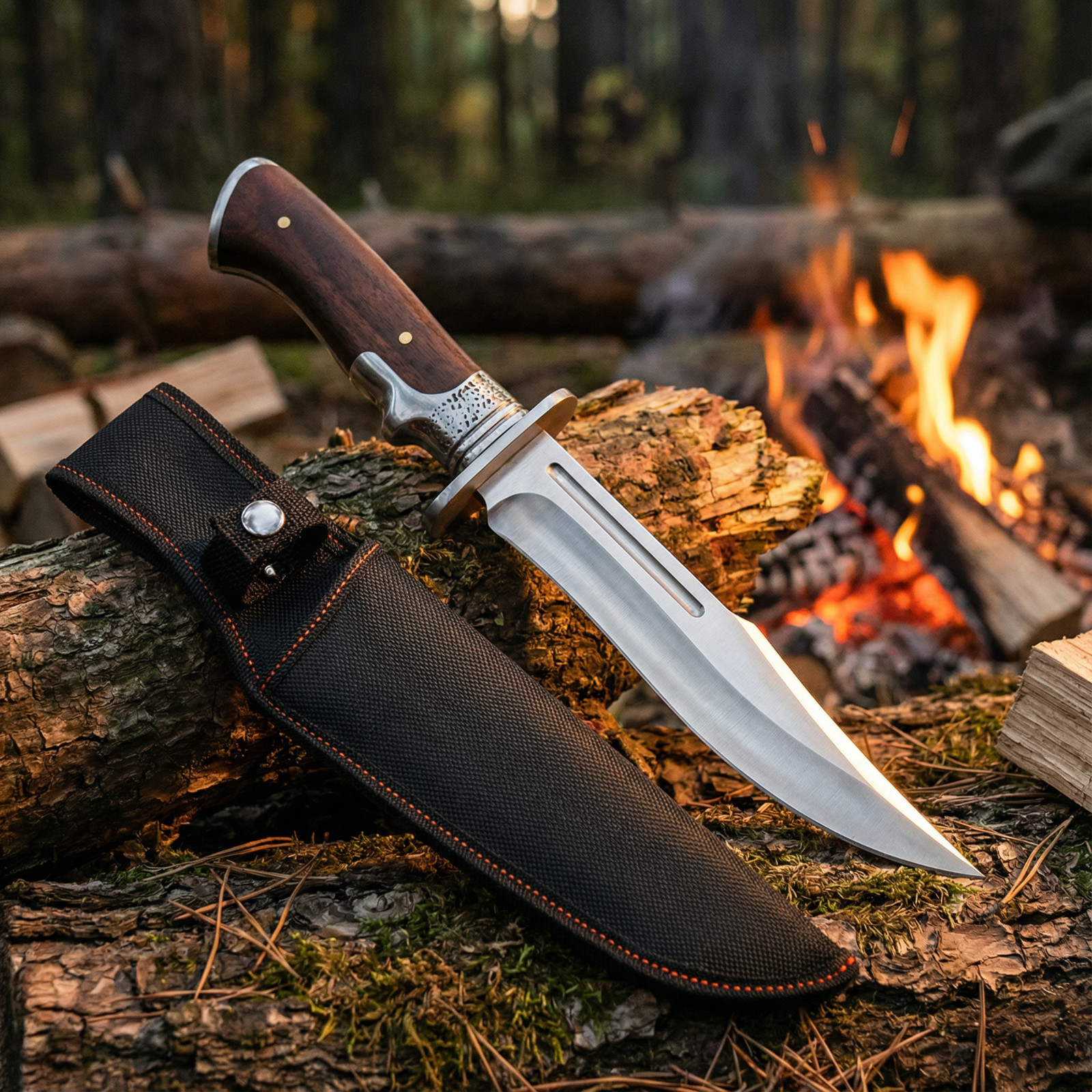 Outdoor Bowie Fixed Blade Knife with Wood Handle and Sheath