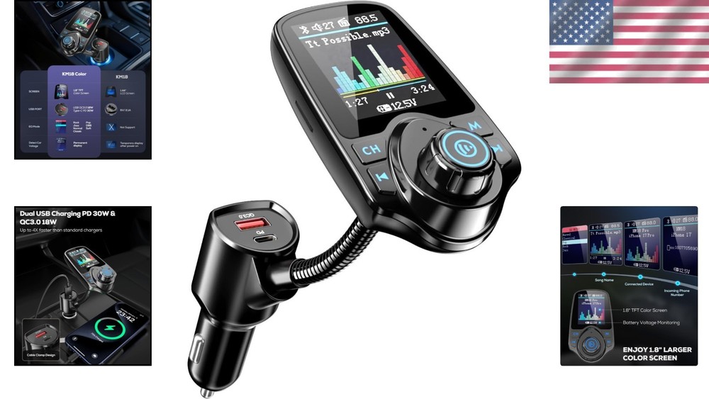 Bluetooth Car Adapter with Color Screen, Dual Fast Charging