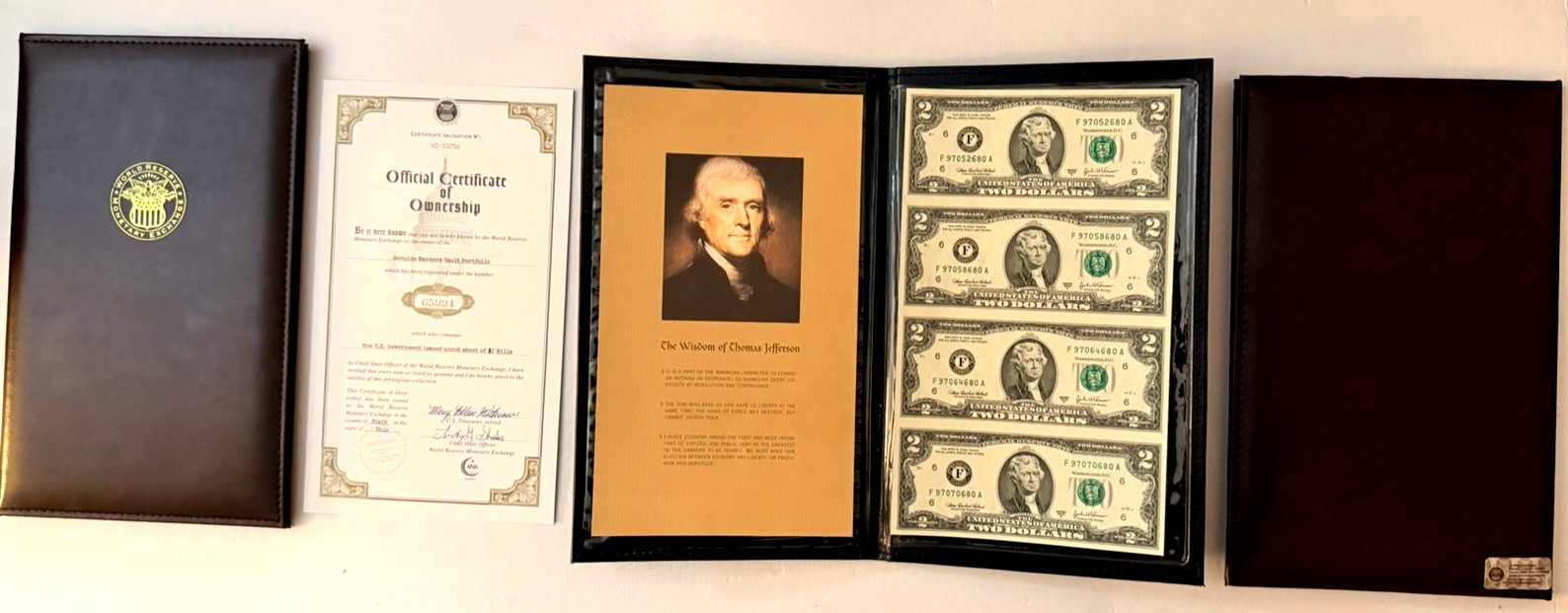 World Reserve Monetary Exchange Uncut Sheet $2 Dollar Bills 2003 Book/Folder COA