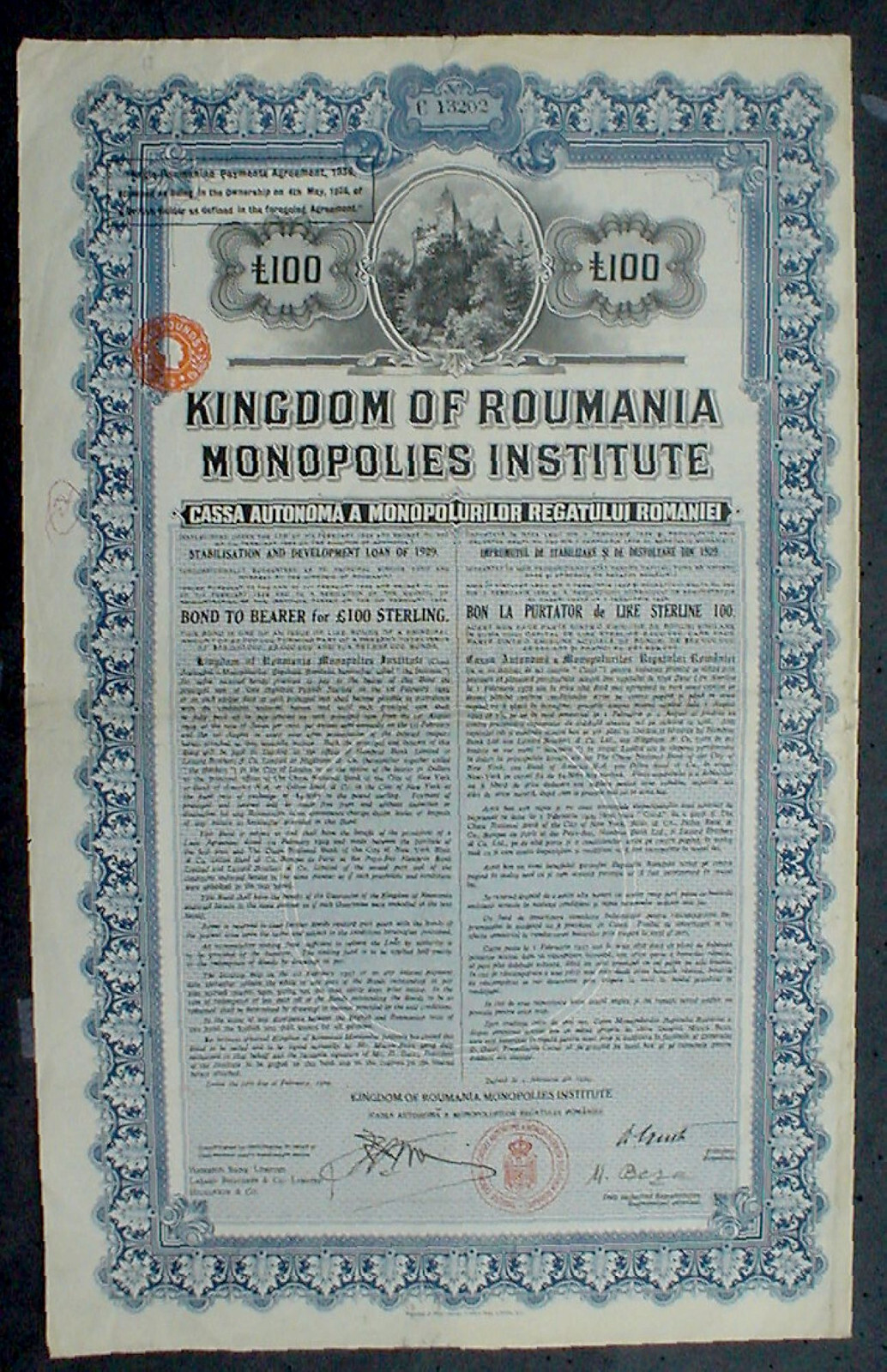 Kingdom of Romania 7% 100 £ Monopolies Inst. Bond to Bearer 1929 uncanc. coupons