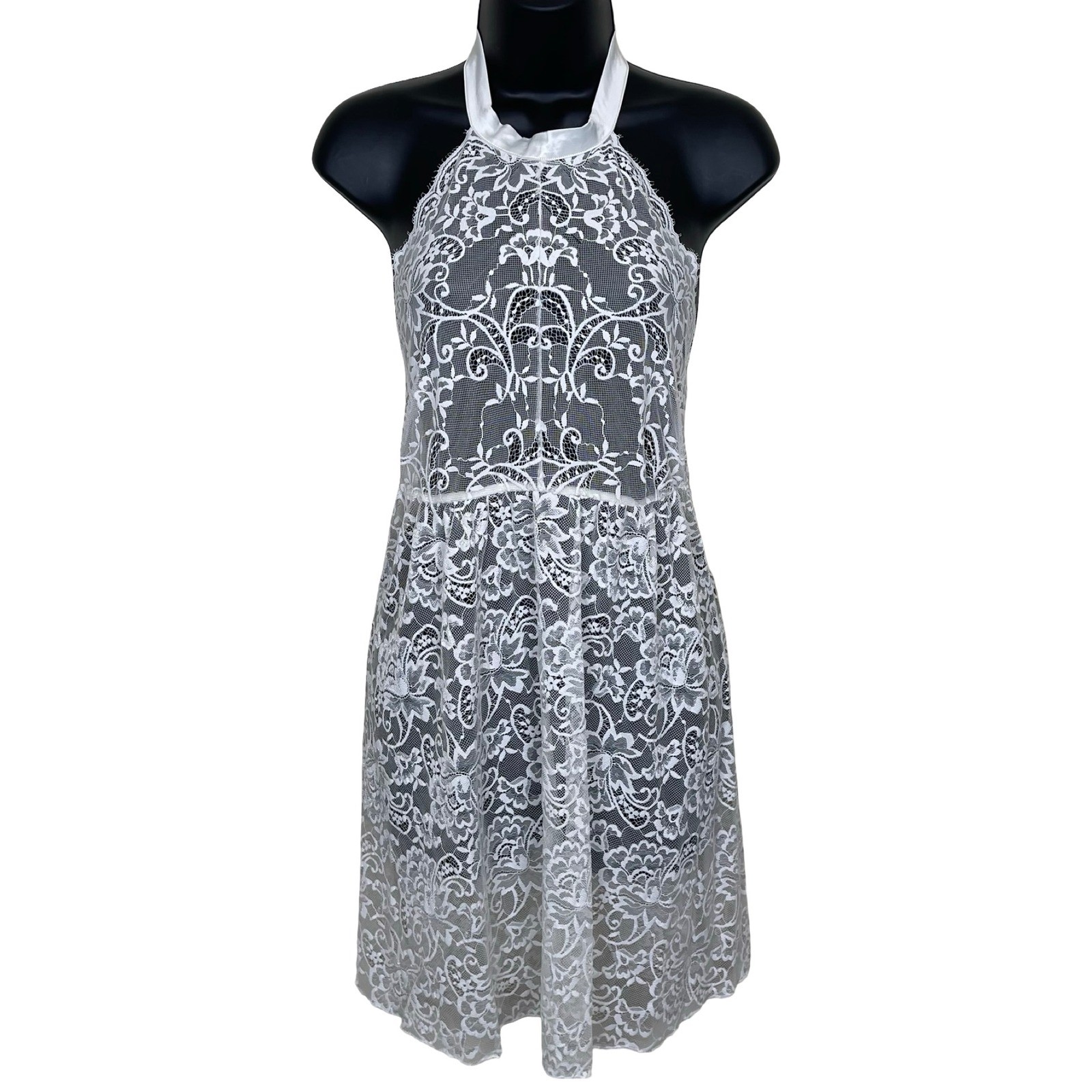 Intimissimi White Sheer Floral Lace Halter Chemise Lingerie L Ribbon Bow