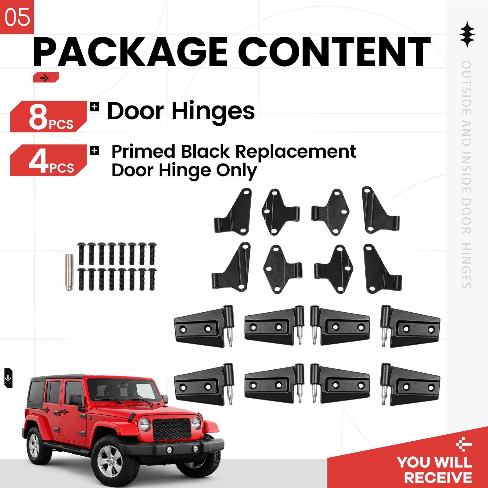 Fits 2007-2018 Jeep Wrangler JK Body Door Hinge Replacement Set Screw-On 16pcs