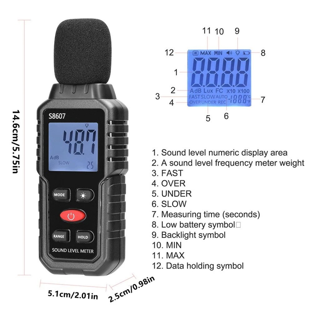 30-130dB Digital Noise Meter Decibel Reader with Over Under Range Indication