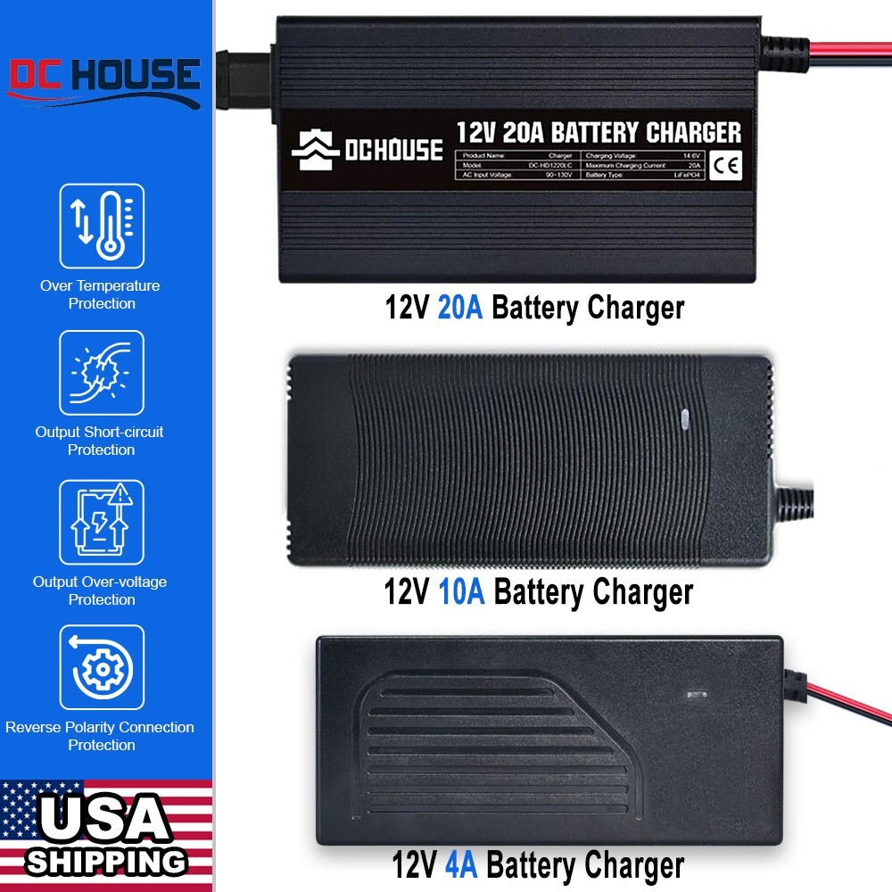 12V 14.6V 4A 10A 20A Lithium Iron Phosphate (LiFePO4) Battery Smart Charger