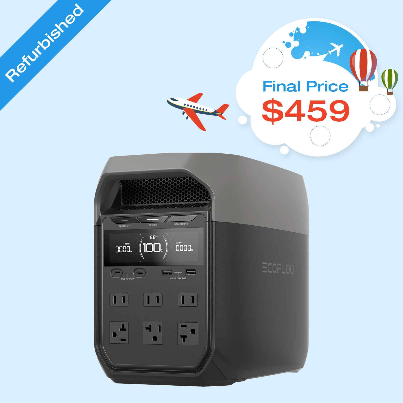 EcoFlow DELTA 3 1024Wh 1800W Portable Power Station LiFePO4 Battery Refurbished