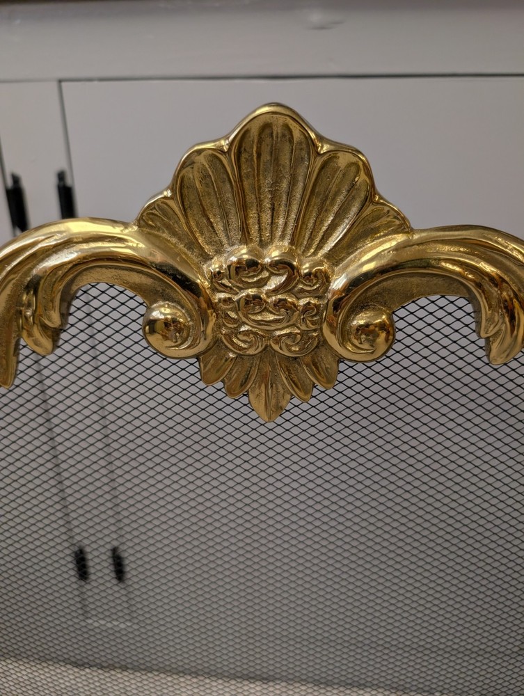 Vtg 3 Panel Fold Brass Shell Rose Fireplace Screen