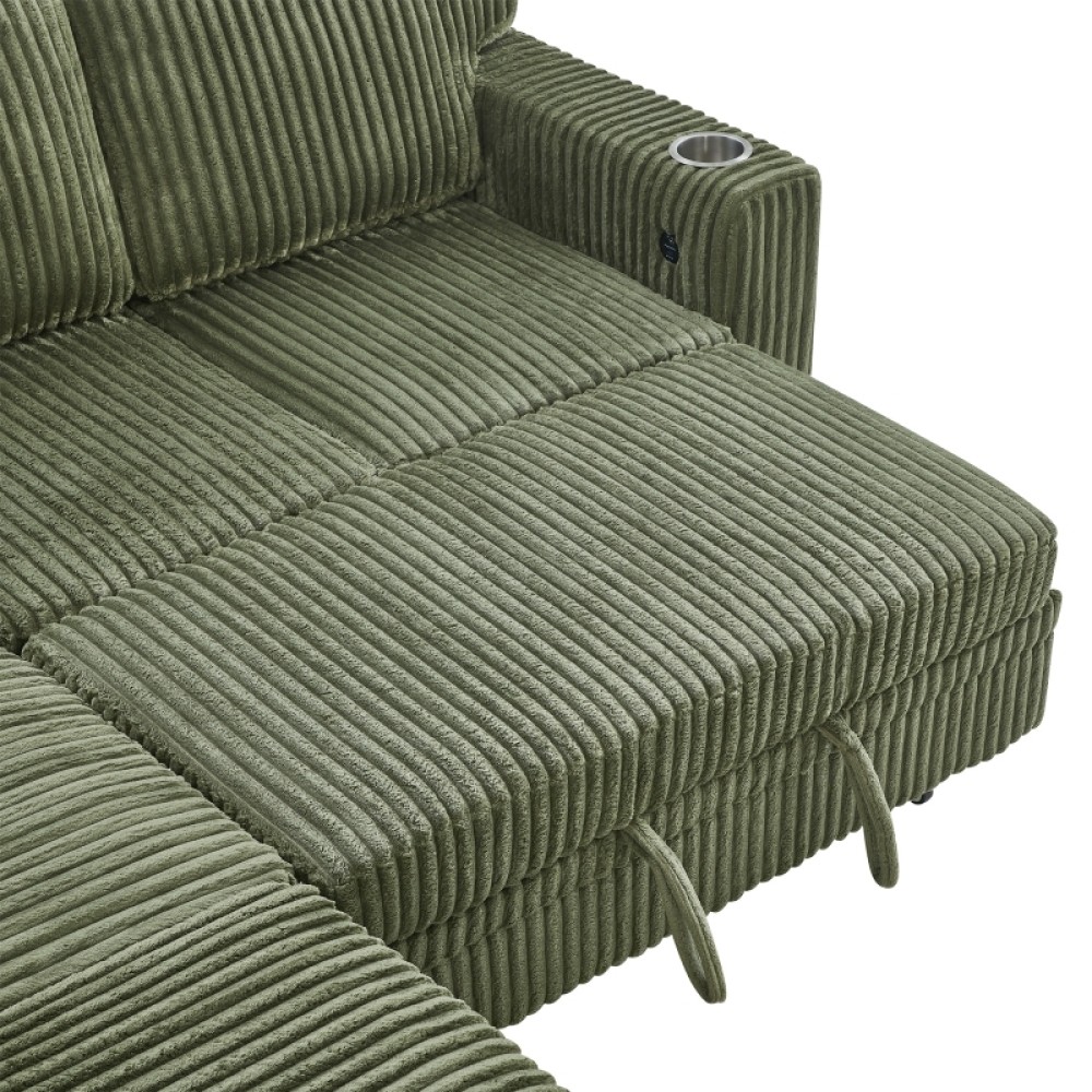 L-Shaped Sofa Bed w/ Pull-Out Sleeper & USB/Type-C, Corduroy, Olive Green