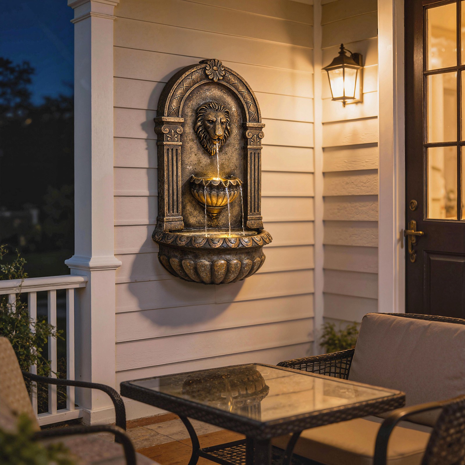 Wall-Mounted 3-Tier Outdoor Fountain with LED Lights, New