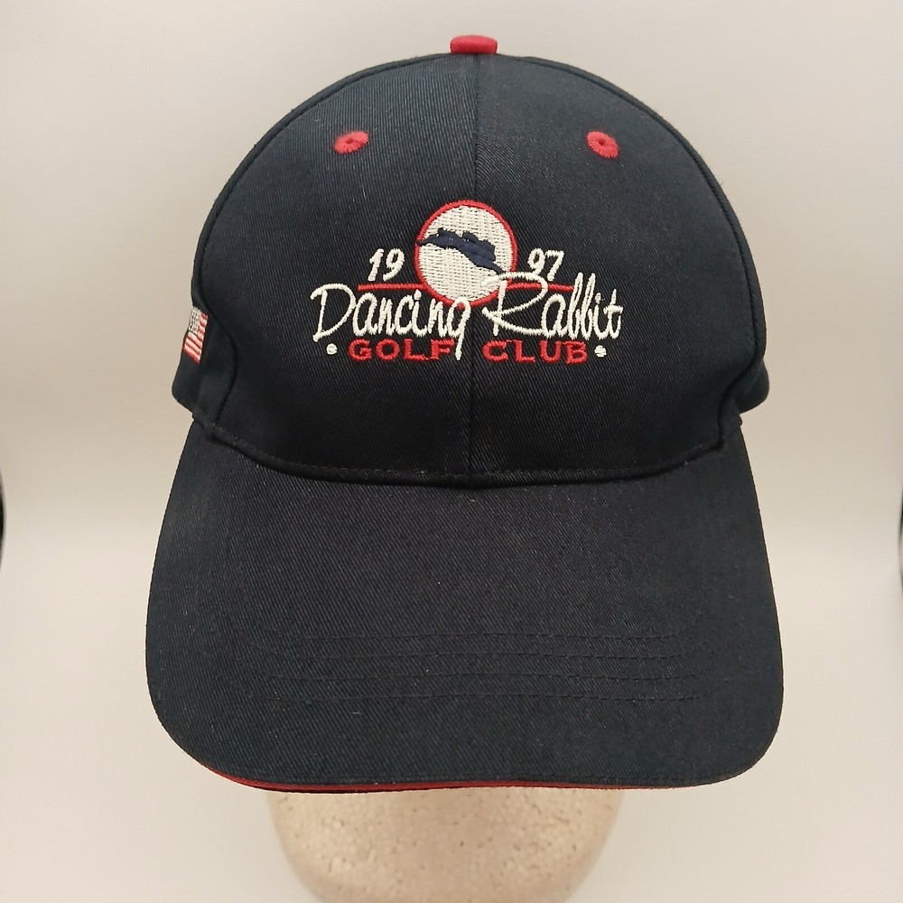 Dancing Rabbit Golf Club Hat Cap Ahead Strapback Navy Blue White Red Script Flag