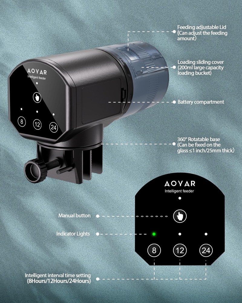Automatic Fish Feeder Dispenser for Aquarium: Battery Powered Design, Black