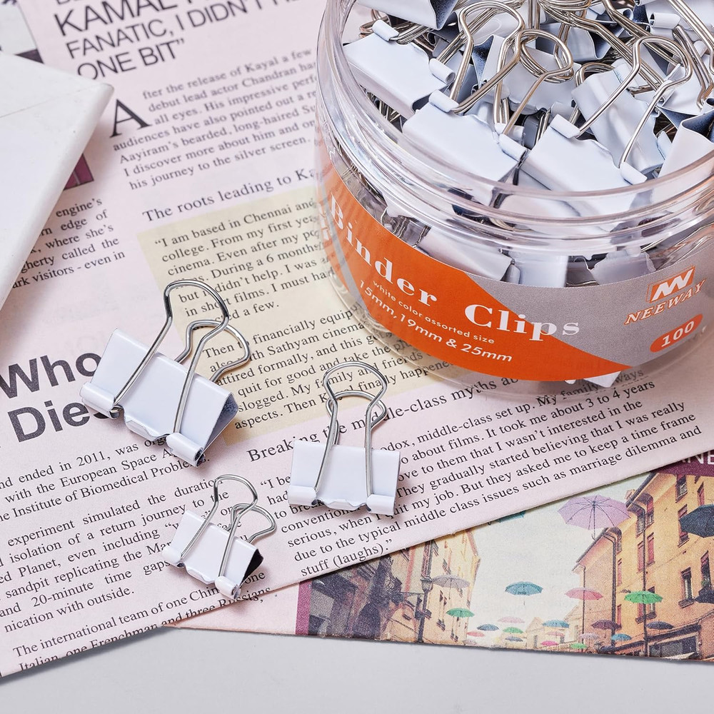 NEEWAY Binder Clips Assorted Sizes, White Binder Clips Set for Office and Home U