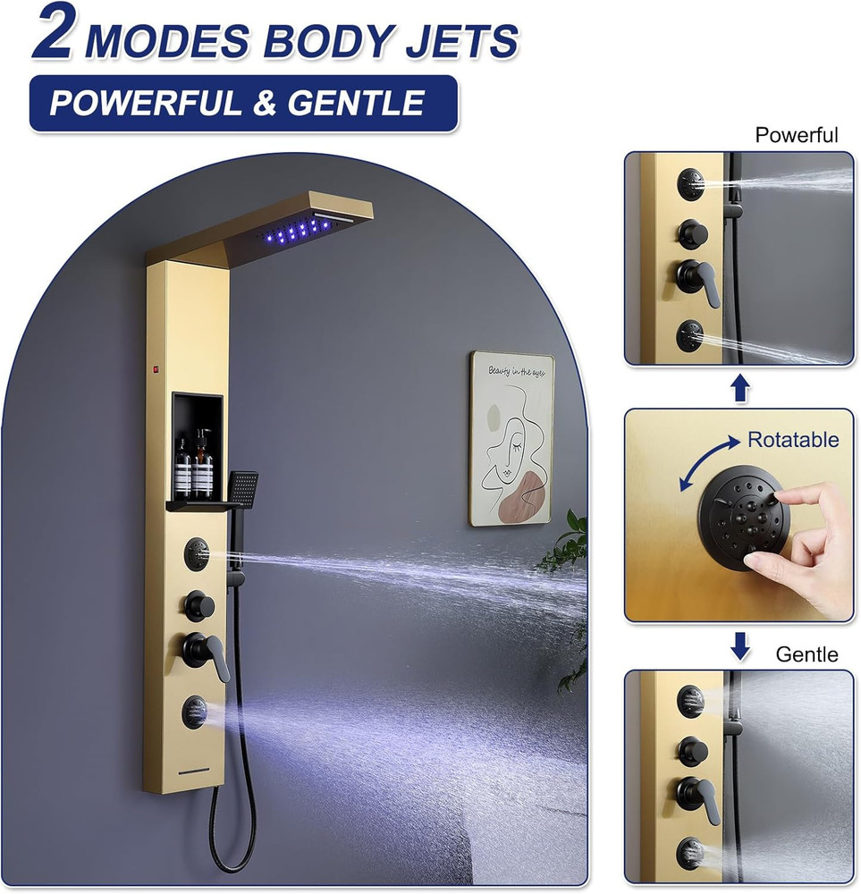 Brushed Gold LED Rainfall Shower Panel with Massage Jets & Handheld Spout