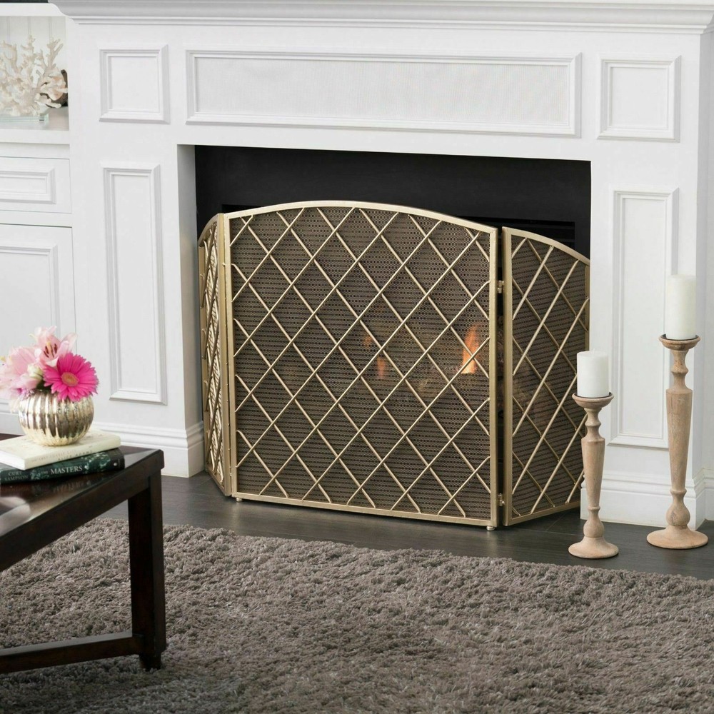 Modern 3 Panel Iron Mesh Fireplace Screen