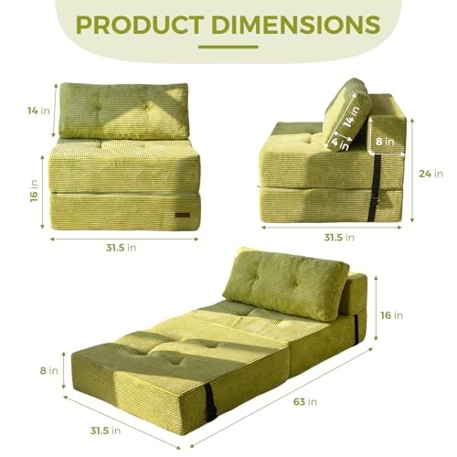 Folding Sofa Bed, Convertible Sofa Bed with High-Density Support Large Green