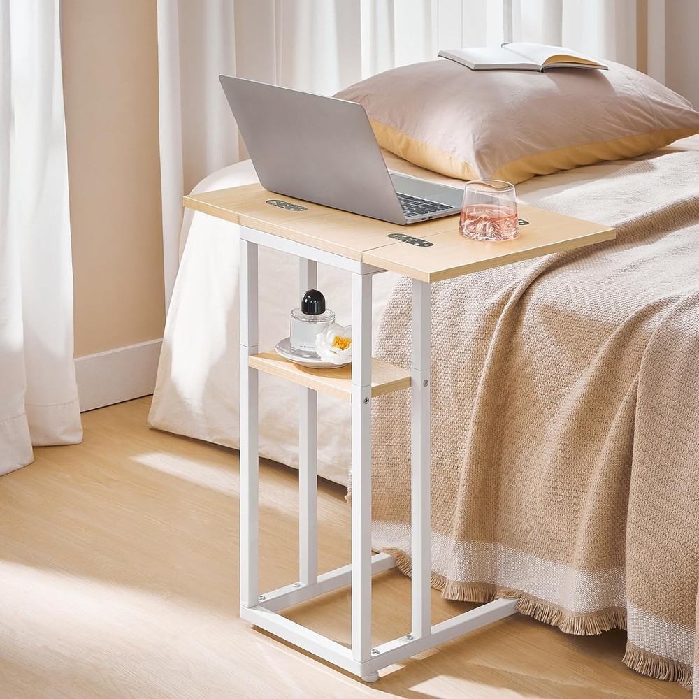 Foldable End Table C Shaped Side Table W/ Storage Shelf Small Snack Table