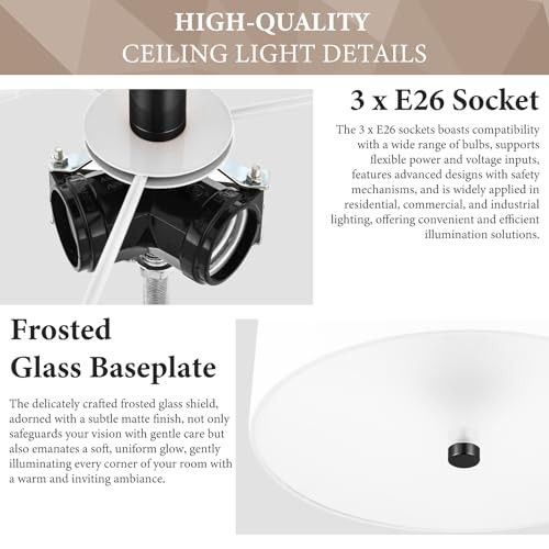 3-Light Semi Flush Mount Ceiling Light 13 Inches 13" Black + White Fabric