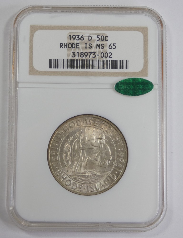 1936-D Rhode Island Tercentenary Silver Commem Half Dollar CAC & NGC MS 65