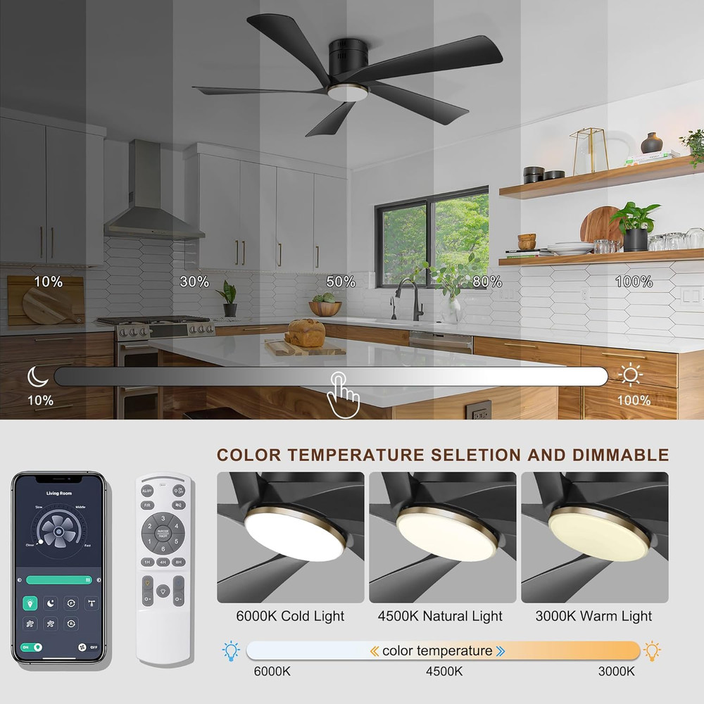 52” Low Profile Ceiling Fan with Lights, Remote & APP Control Modern Flush Mount