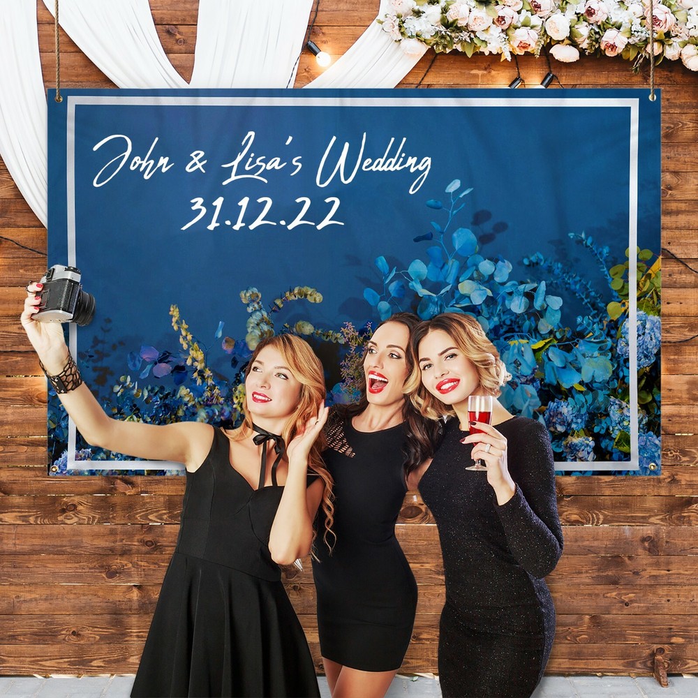 Custom Text Banner | Celebration Banner | Large Backdrop | Blue Flowers