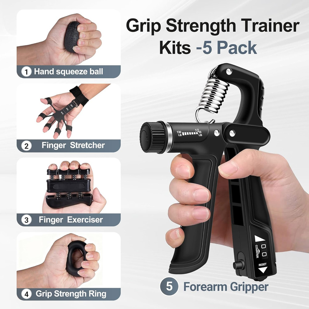 Grip Strength Trainer Kit 5 Pack Adjustable Hand Gripper Forearm Exerciser