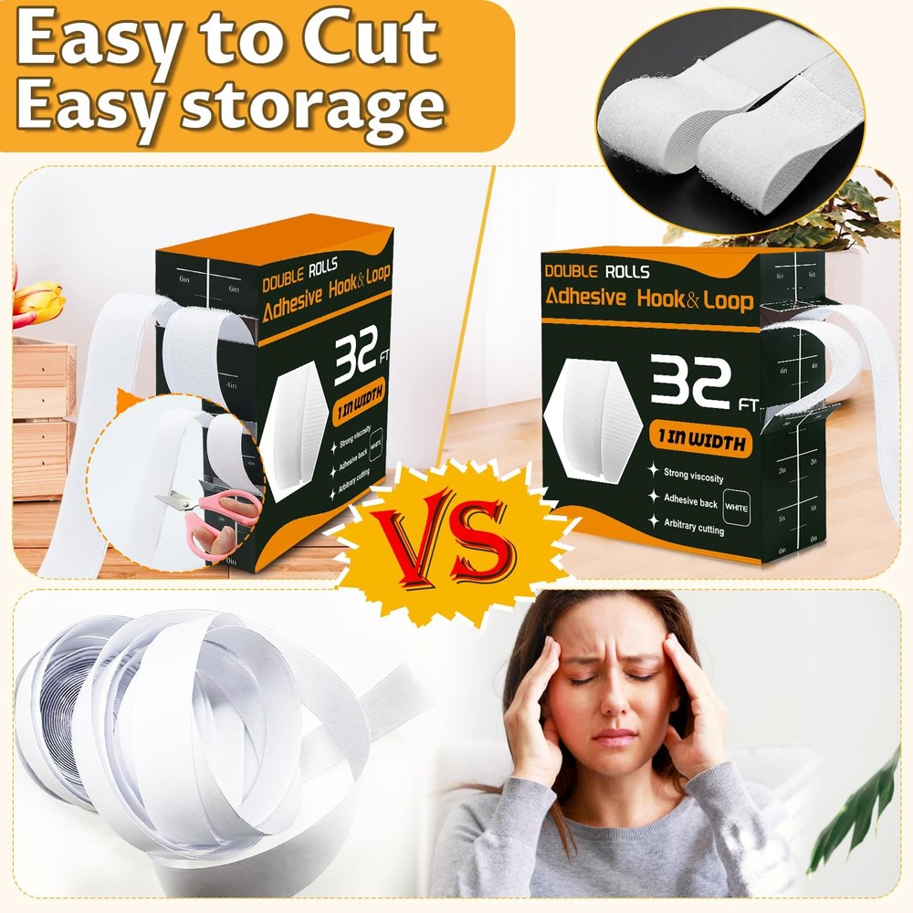 32 Ft × 1 Inch Hook and Loop Strips with Adhesive, 2 Rolls White Self Sticky ...