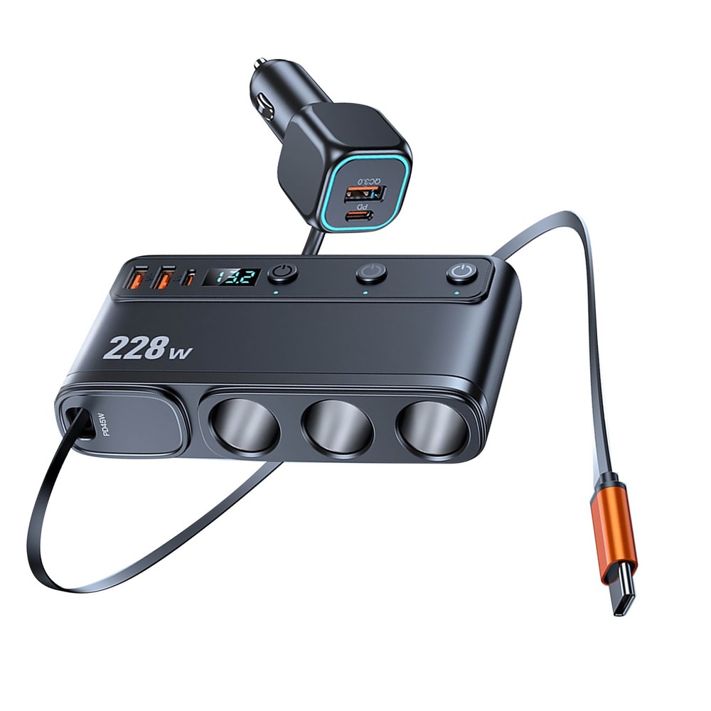 Multi Function Car Charger 9-in-1 with 3 Cigarette Lighter Sockets 6 USB 228W