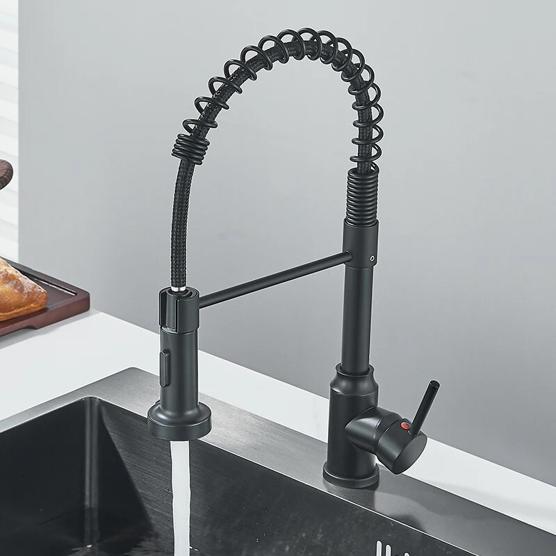 Matte Black Kitchen Sink Faucet Spring Pull Down Sprayer Single Handle Mixer Tap