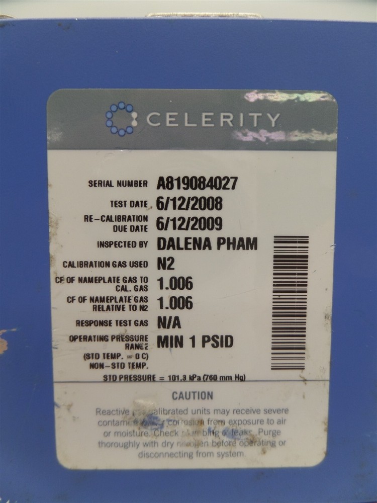Celerity TN2900 Mass Flow Controller FM-3901V-J-4S Air 8 SLPM