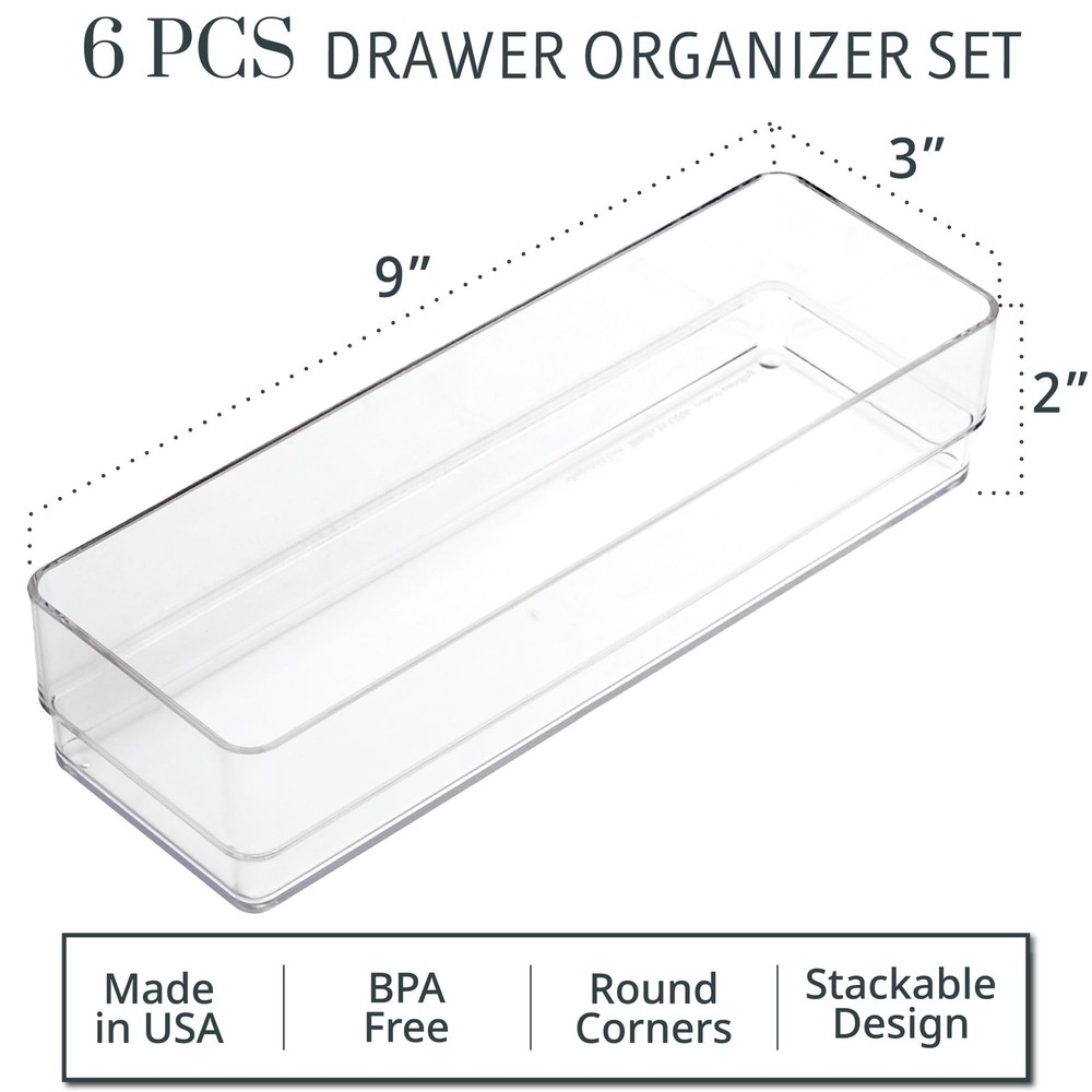 SimpleSort 6-Piece Stackable Clear Drawer Organizer Set | 9" x 3" x 2" Rectan...