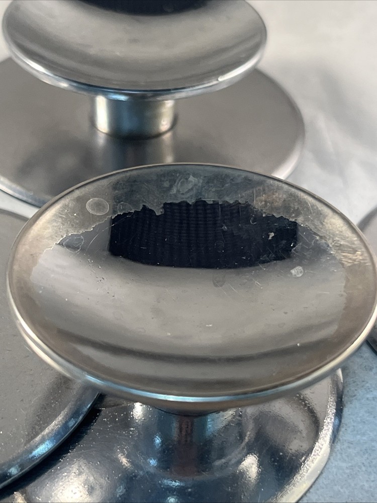 5 Vintage 1960s AJAX Shiny Chrome Beveled Concave 2" Round Knobs & Back Plates