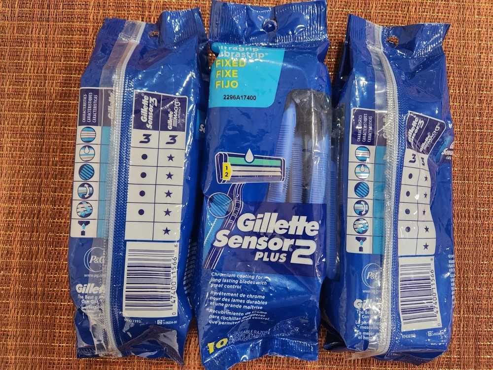 3 PACK GILLETTE SENSOR 2 PLUS ULTRAGRIP LUBRASTRIP FIXED 10 DISPOSABLE RAZORS EA