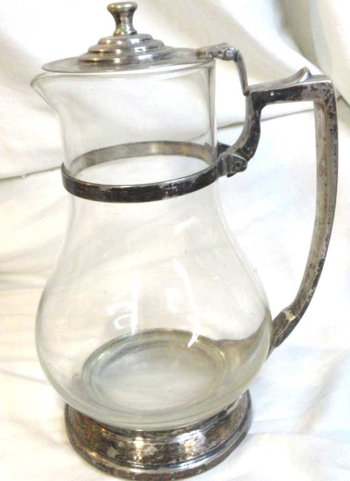 ANTIQUE~HEAVY GLASS AND SILVER WITH HINGED LID WATER PITCHER~10 1/4"