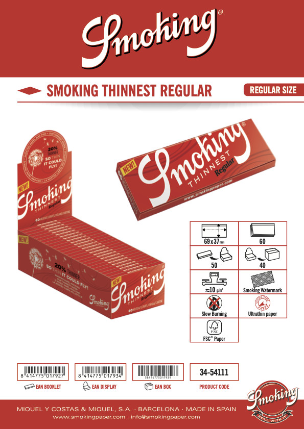 Smoking Thinnest Rolling Papers Regular Single Wide (69mm) Size (5 Booklets)