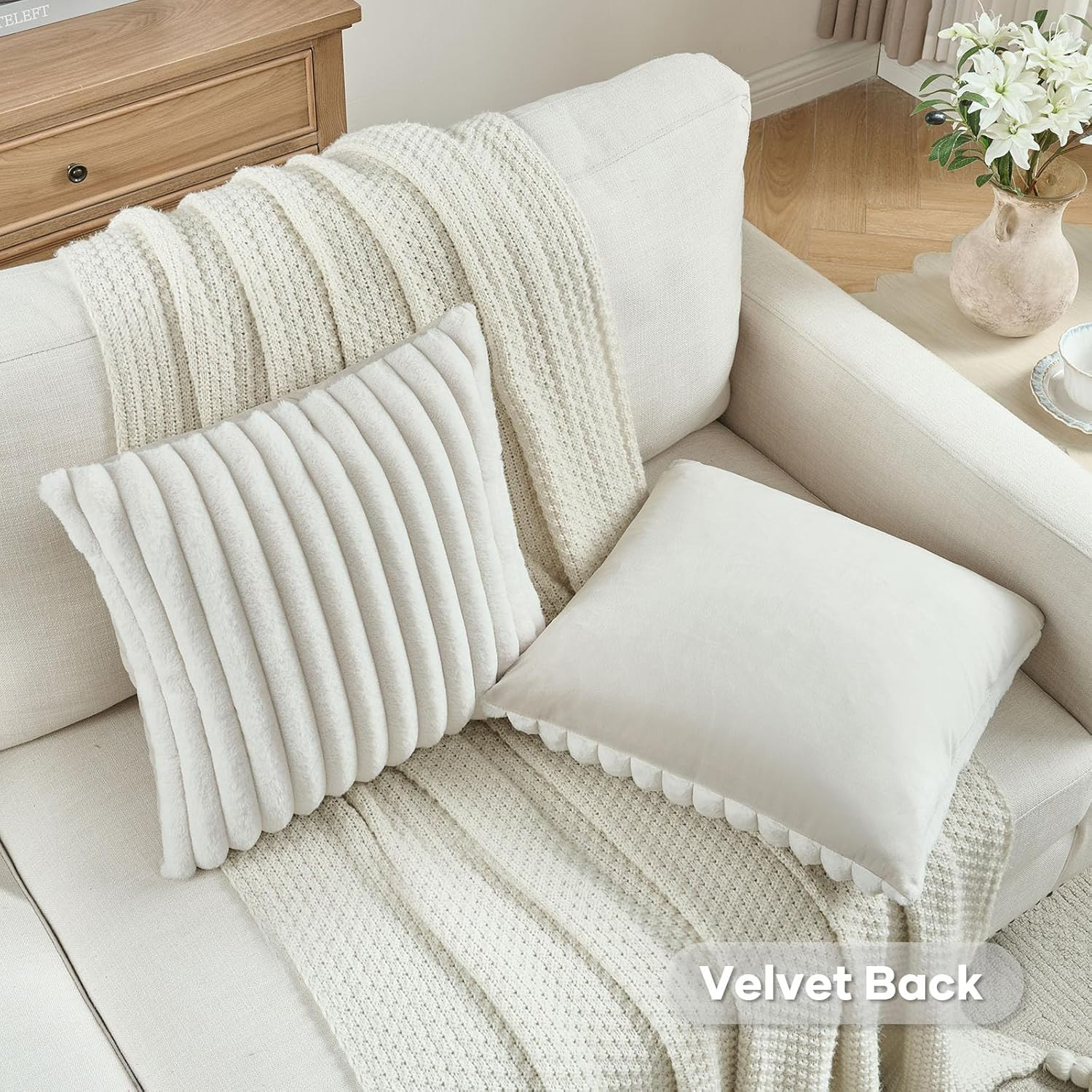 Cream White Throw Pillow Covers Set of 2, 18x18 Inch Soft Faux Rabbit Fur Stripe