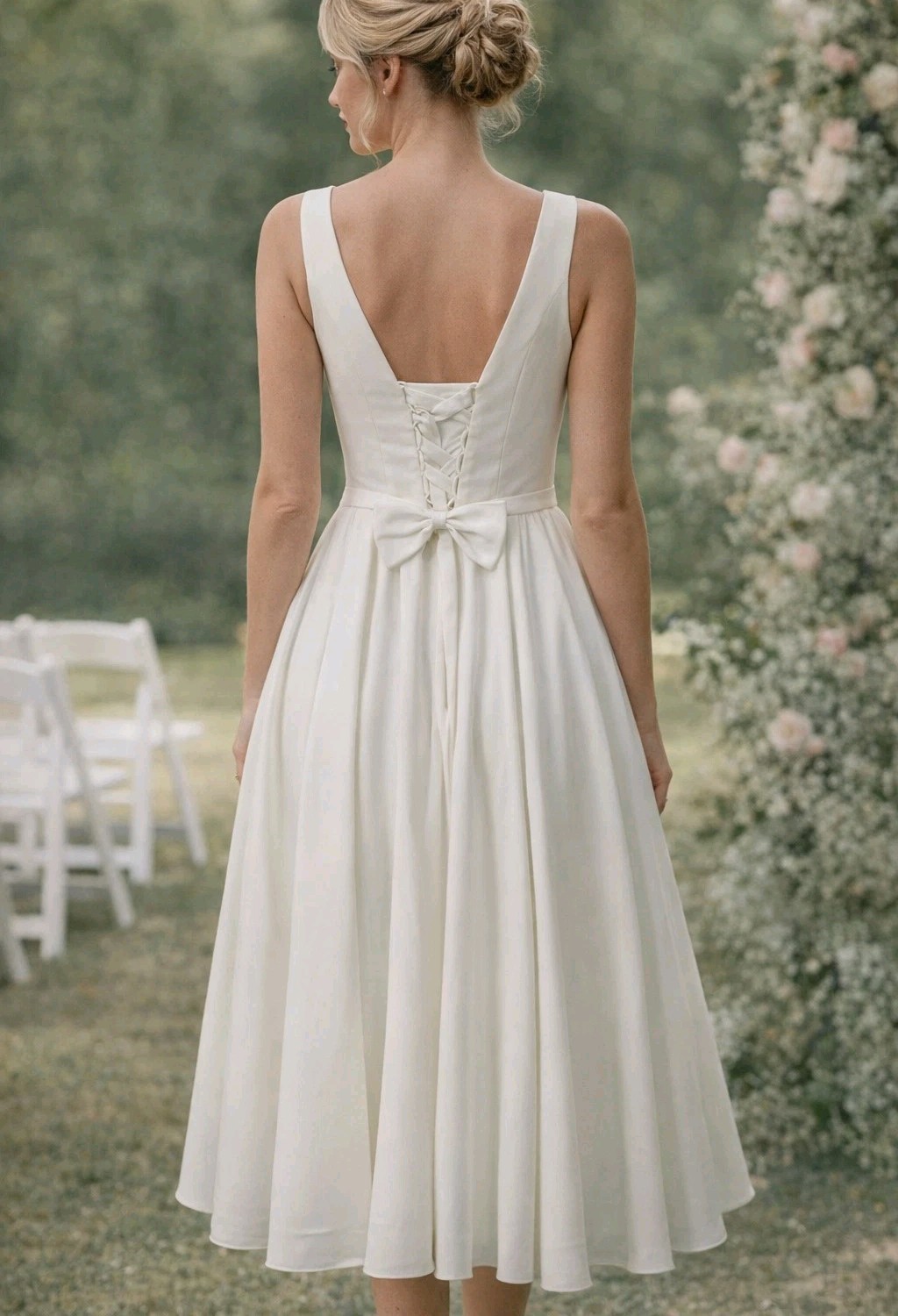 Off White Boatneck Midi Wedding Dress Romantic Lace-Up Back and bow Sz 6 NEW