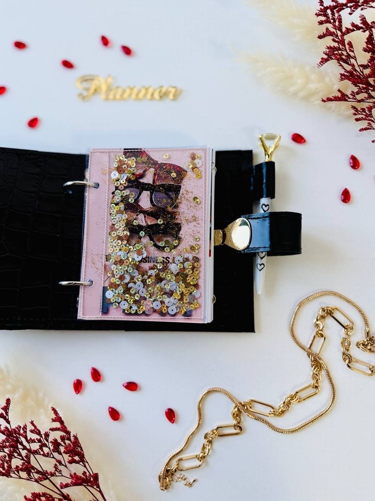 Black handmade leather cover notebook A7. Handcrafted gift.