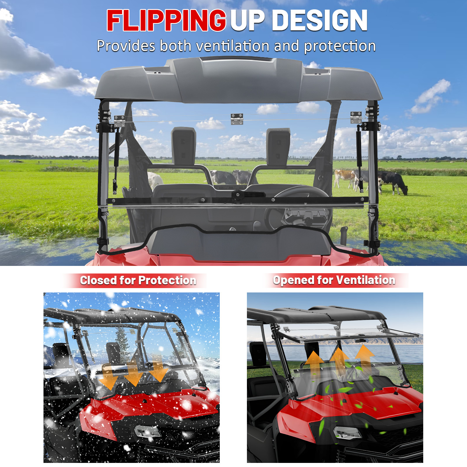 3-IN-1 Flip Up Front Windshield Window For 2014-2025 Honda Pioneer 700-2 700-4