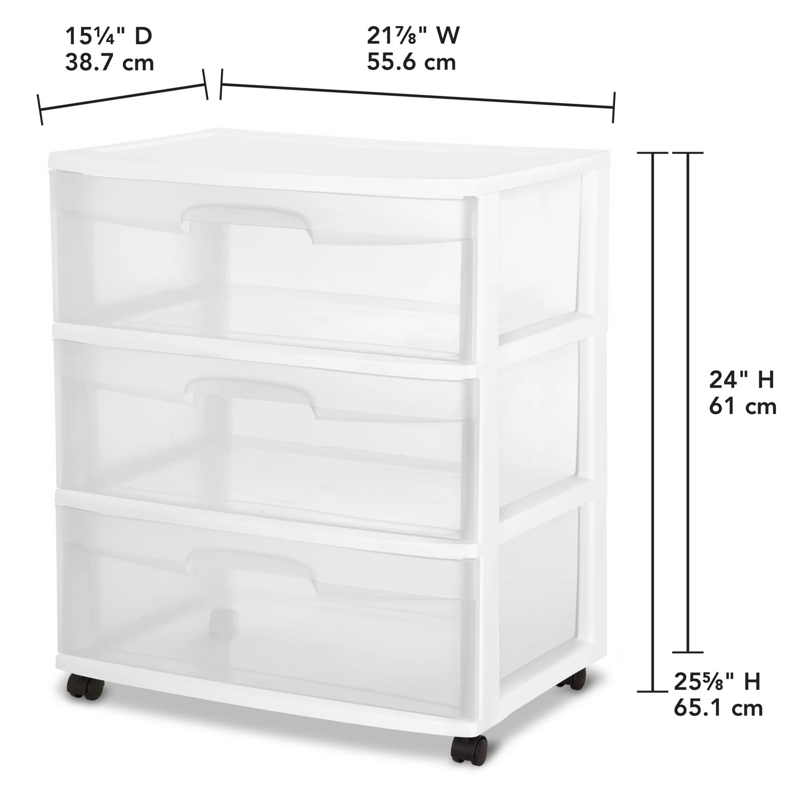 3 Drawer Wide Cart Clear Plastic Storage Drawers with Wheels White