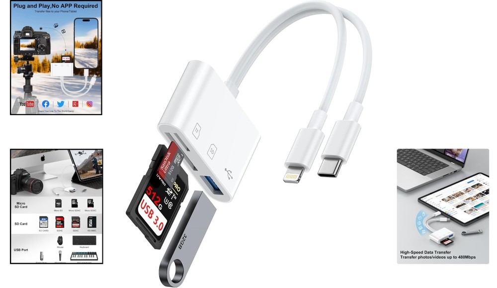 USB C & Lightning SD Card Reader - High-Speed 512GB Capacity for iPhone & iPad