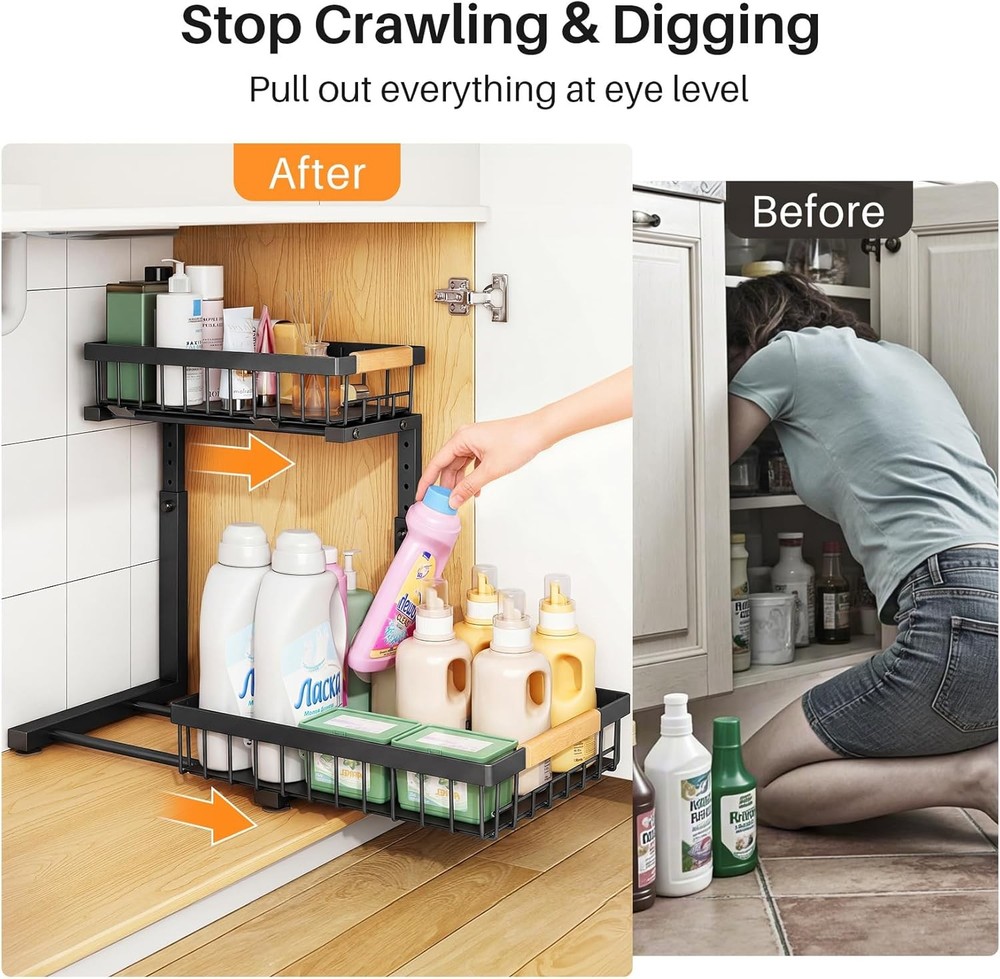 Under Sink Organizer Adjustable Height 2 Tier Pull Out Under Cabinet Organizer