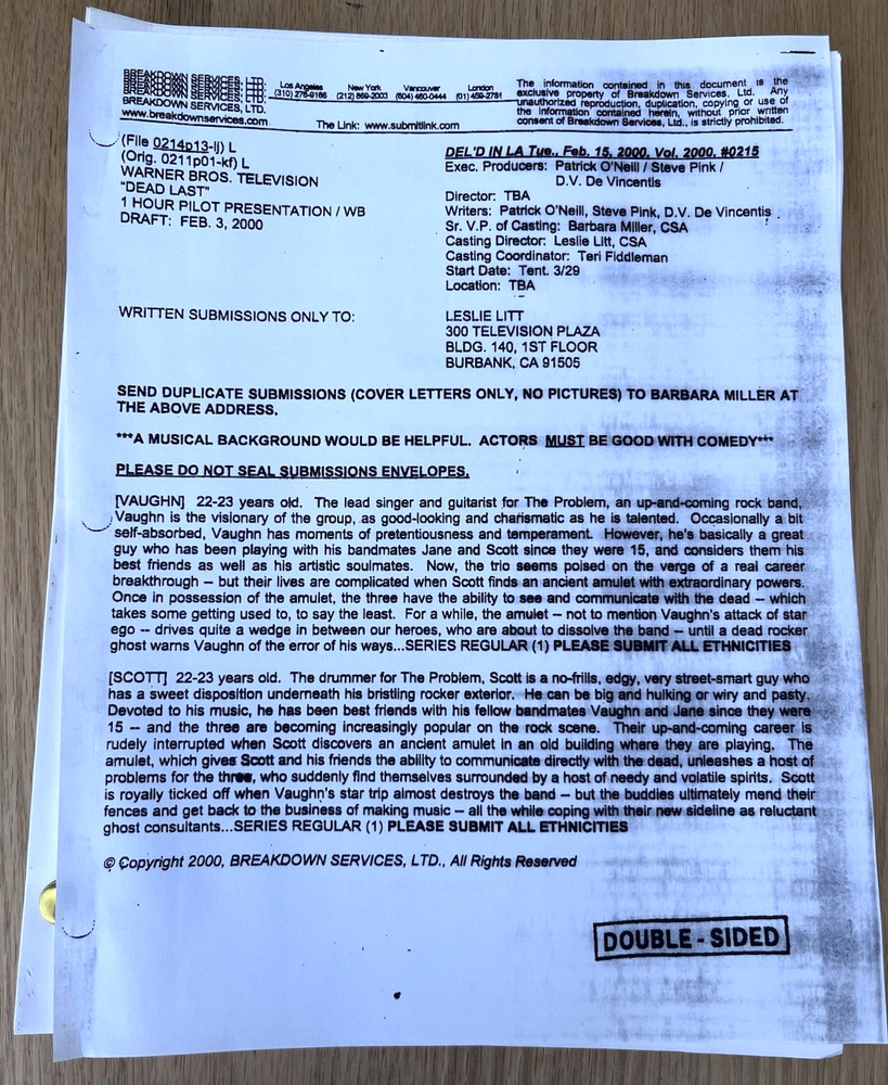 2000 Dead Last Television TV Original Pilot Episode Script Submission Statement