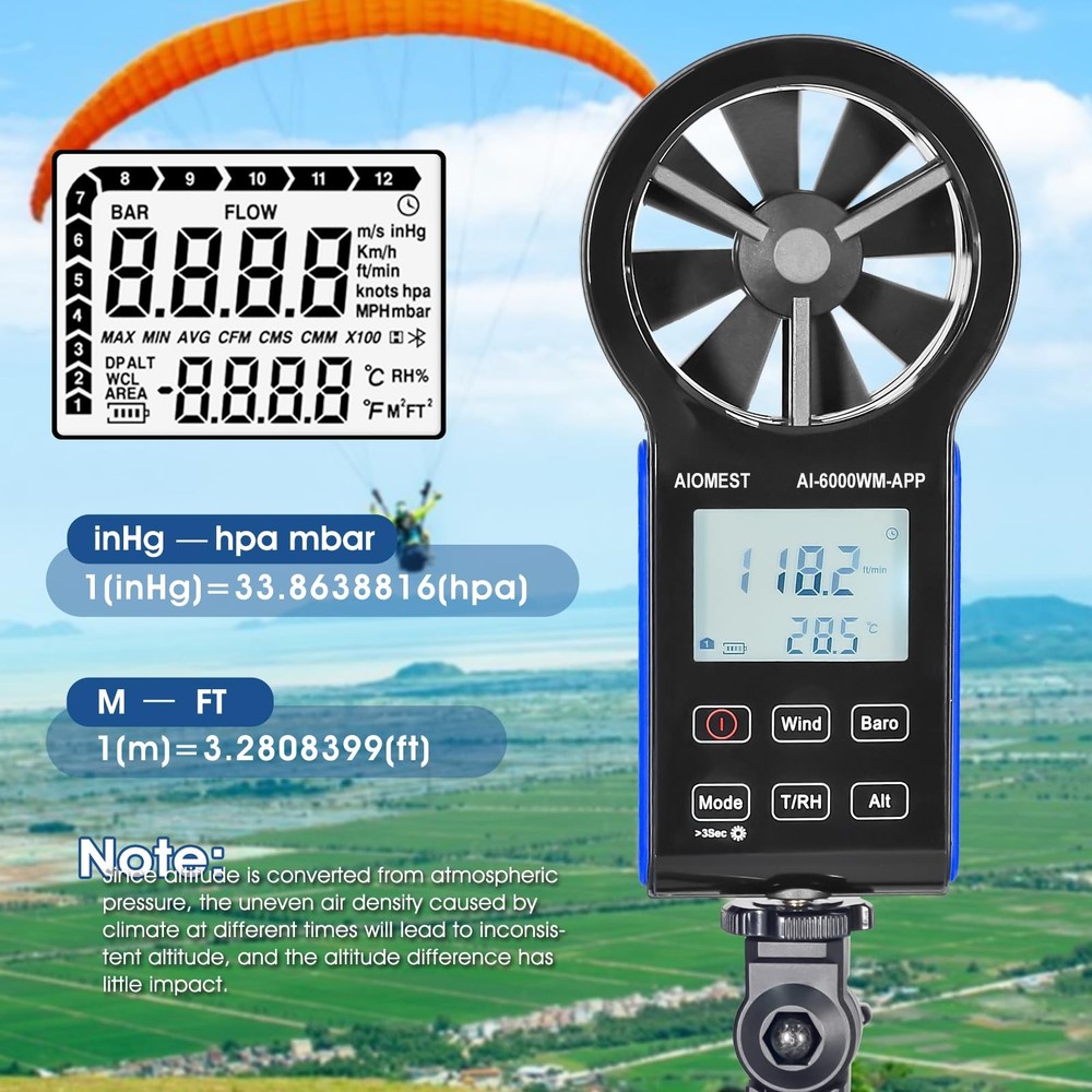 Anemometer Bluetooth, Handheld Wind Speed Gauge Meter w/Atmospheric Pressure,...