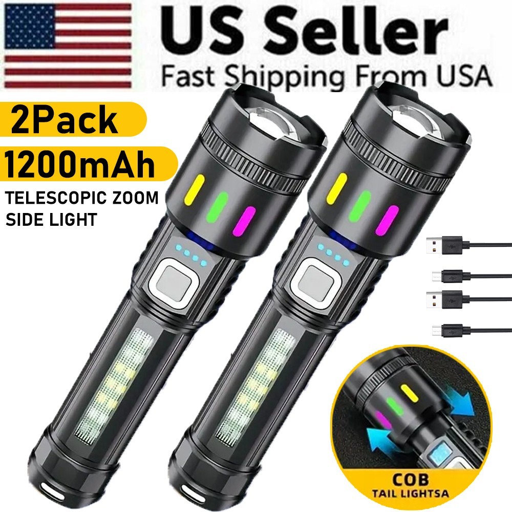 Super Bright P50 LED Tactical Flashlight with COB Side Light 5 Modes Zoomable