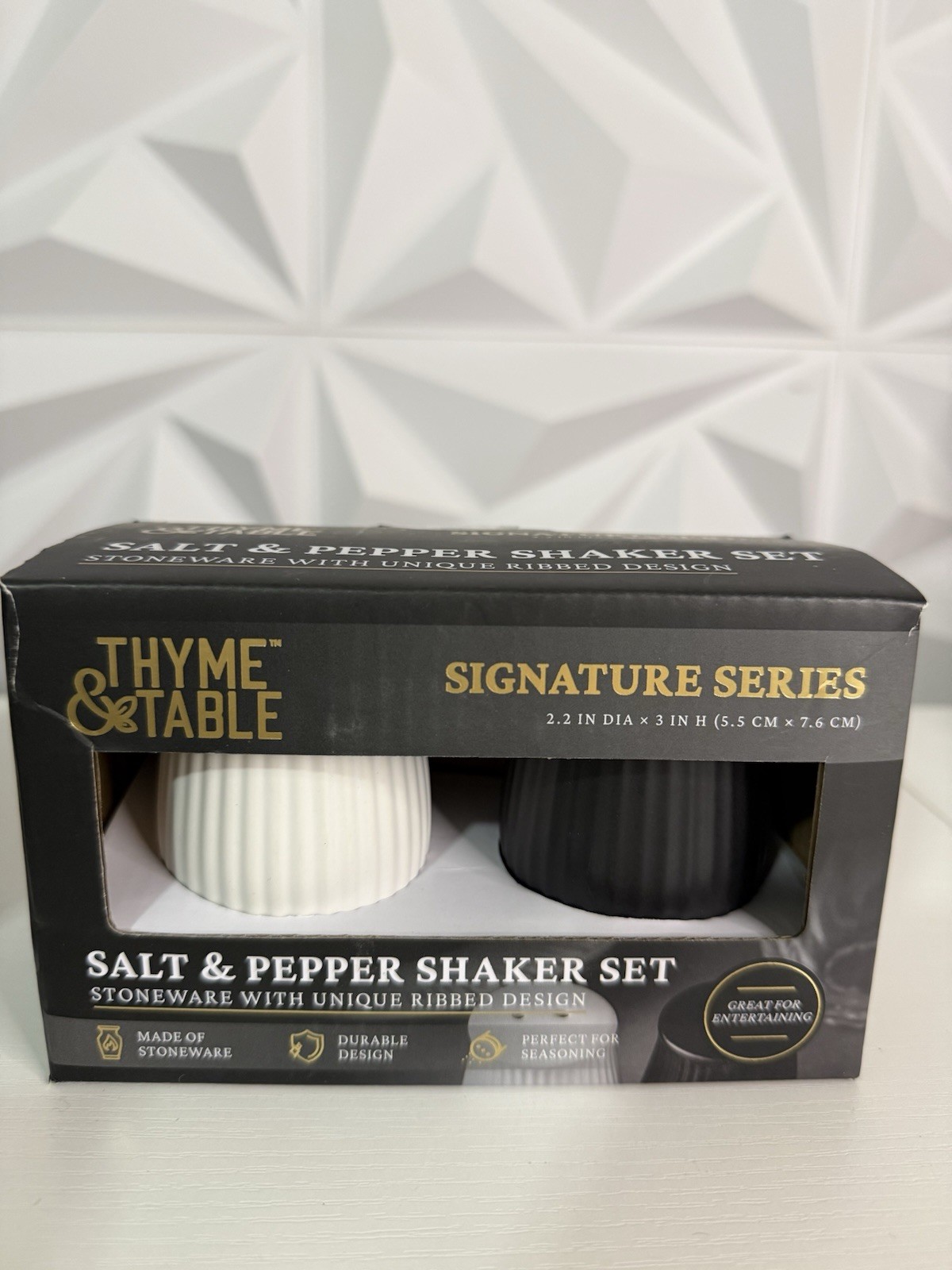Thyme & Table Salt & Pepper Shaker Set Stoneware Ribbed Black & White