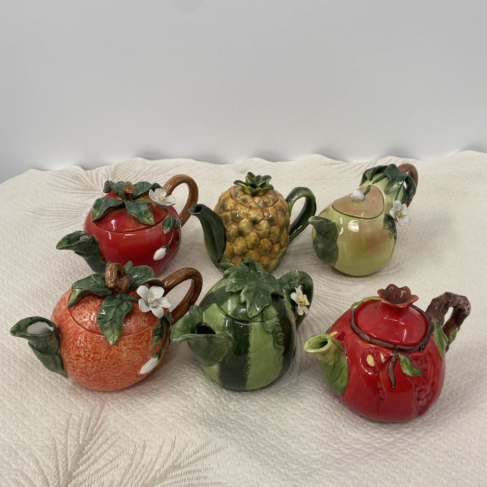 Vtg Lot 6 Ceramic Fruit Teapots: pair, Pineapple  Peach Pomegranate & Watermelon